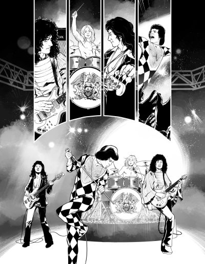 Queen playing live drawing. Comic book page in black and white