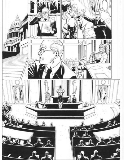 Injustice comic book page. Black and white. Inks by Julien Hugonnard-Bert. Original art for sale