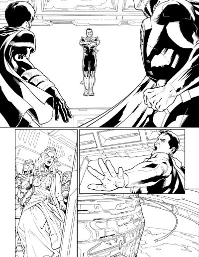 Injustice comic book page. Black and white. Inks by Julien Hugonnard-Bert. Original art for sale