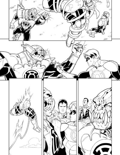 Injustice comic book page. Black and white. Inks by Julien Hugonnard-Bert. Original art for sale