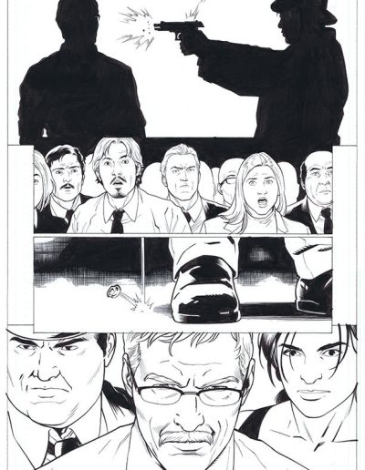 Injustice comic book page. Black and white. Inks by Julien Hugonnard-Bert. Original art for sale